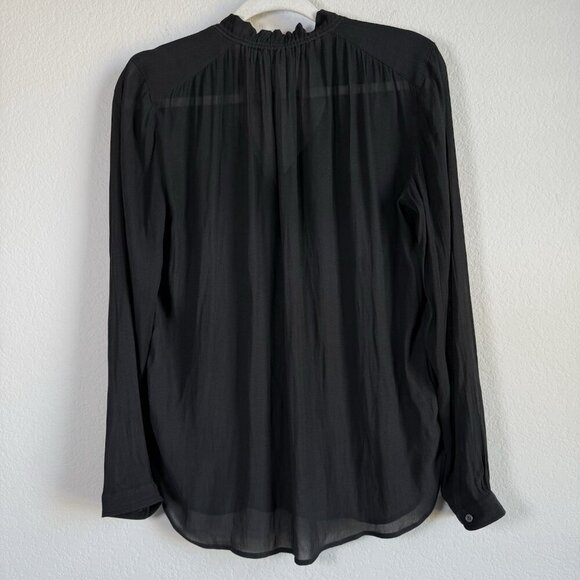 Loft Women's Small‎ Sheer Long Sleeve Smocked Tie Neck Blouse Black Casual - Picture 3 of 14